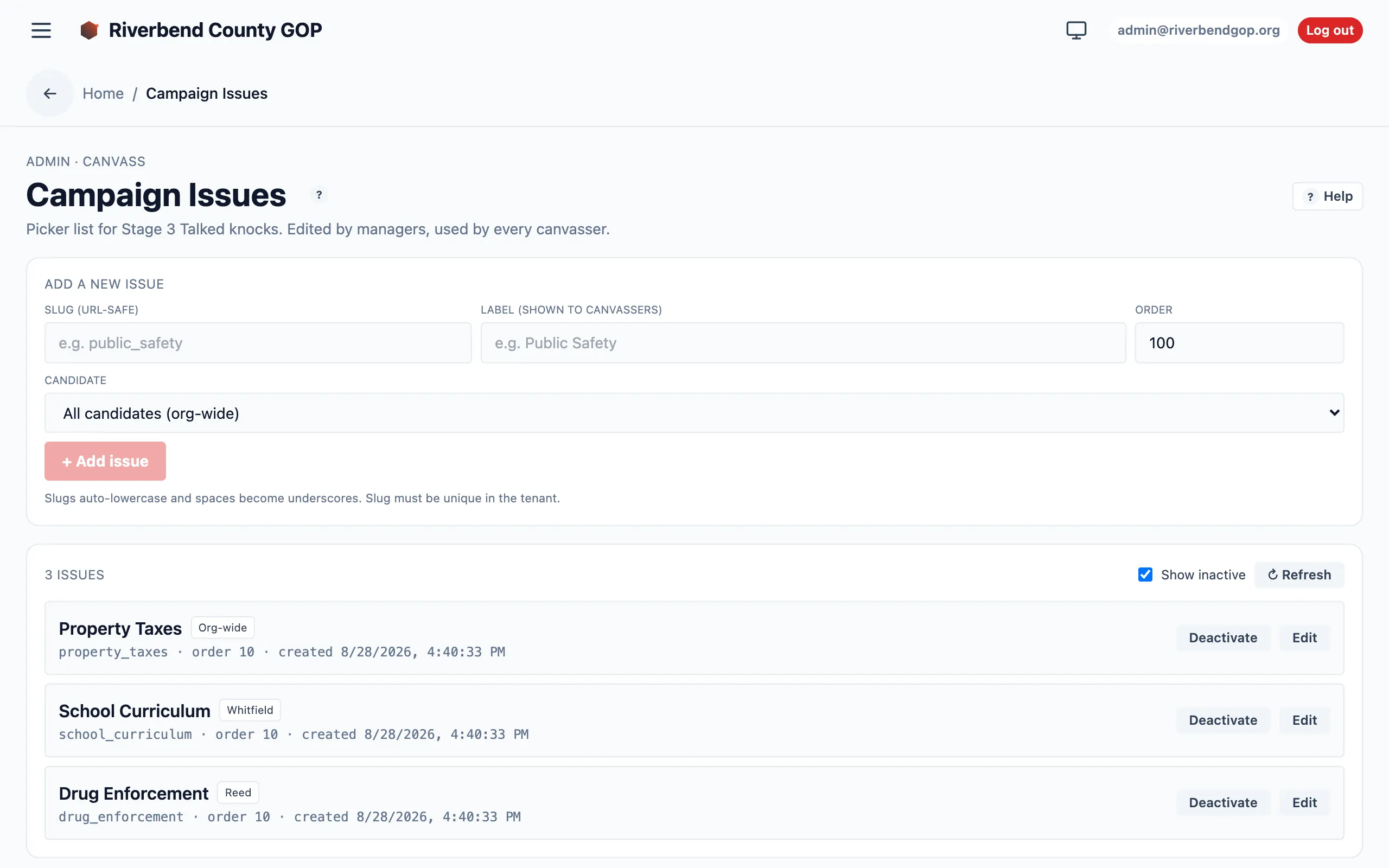 Campaign Issues view listing issues, each with a badge reading either Org-wide or a candidate's name, above a Candidate dropdown for assigning ownership