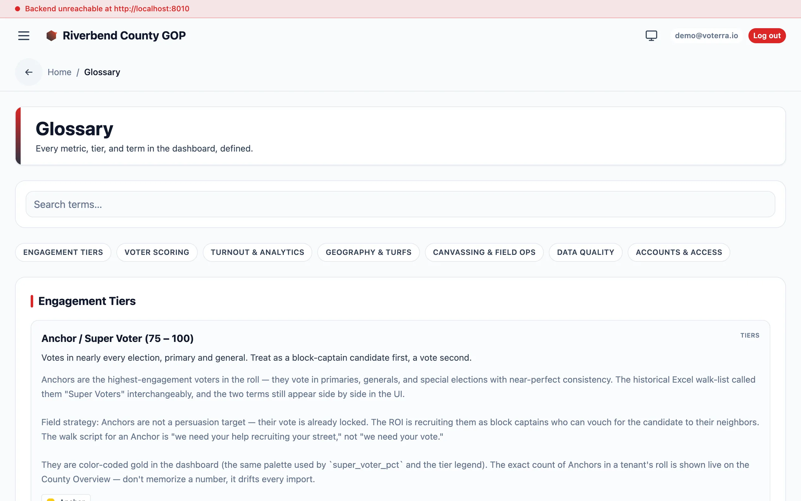 Glossary view with category filter chips above a grid of term definition cards