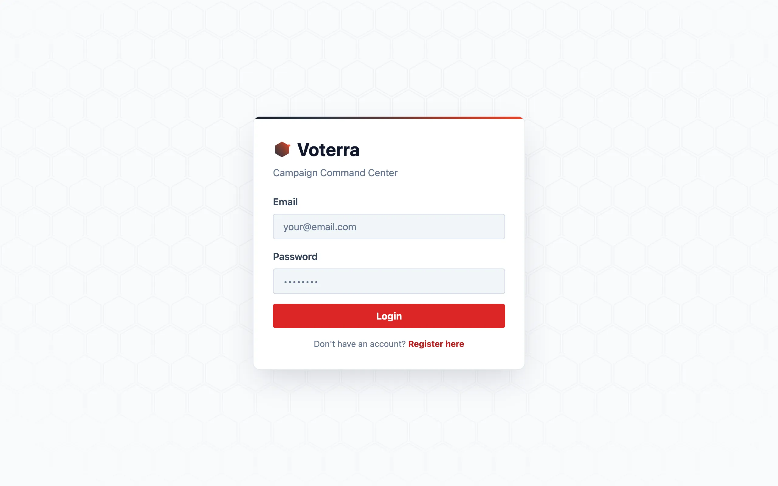 The Voterra login page: email, password, and a Login button