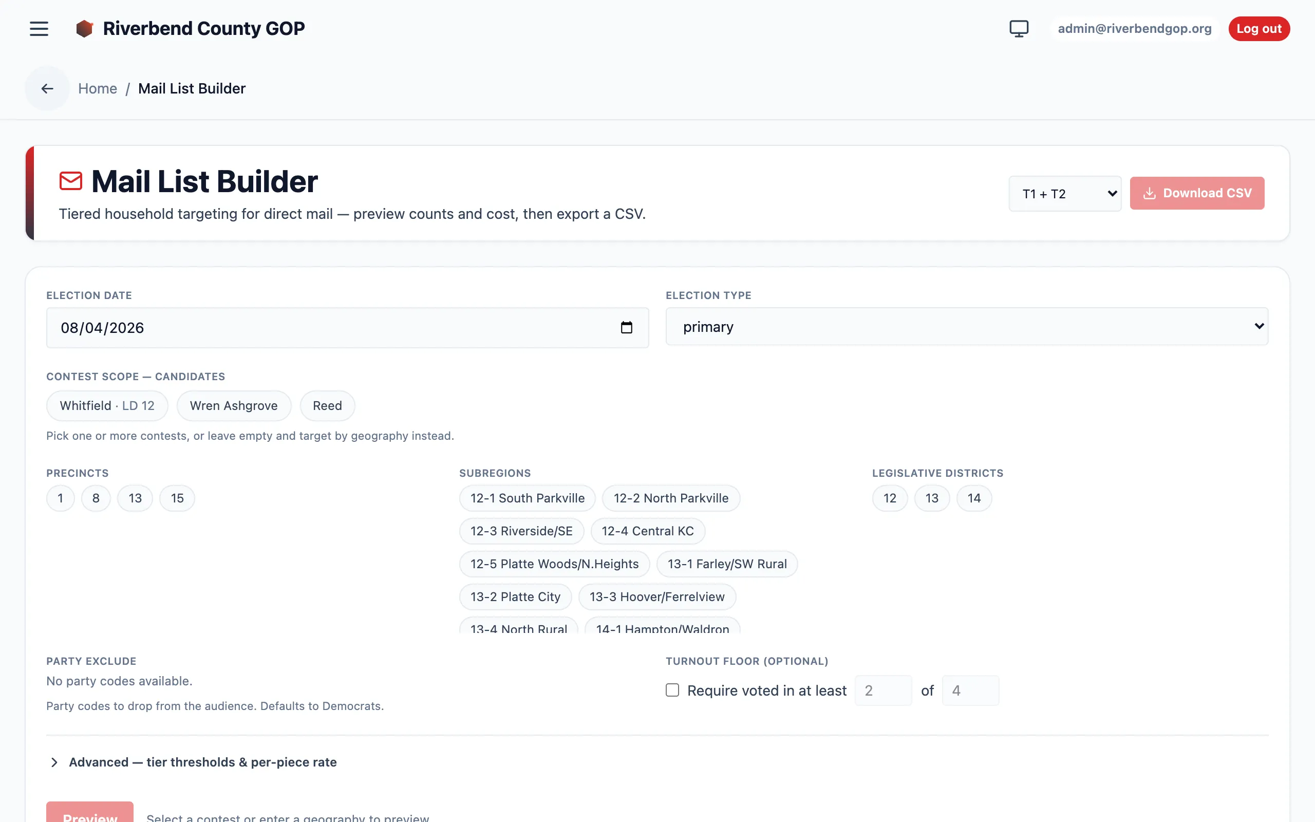 The Mail List Builder: election date and type, contest scope, precinct and subregion pickers, party exclusions, a turnout floor, a tier selector, and a Download CSV button.