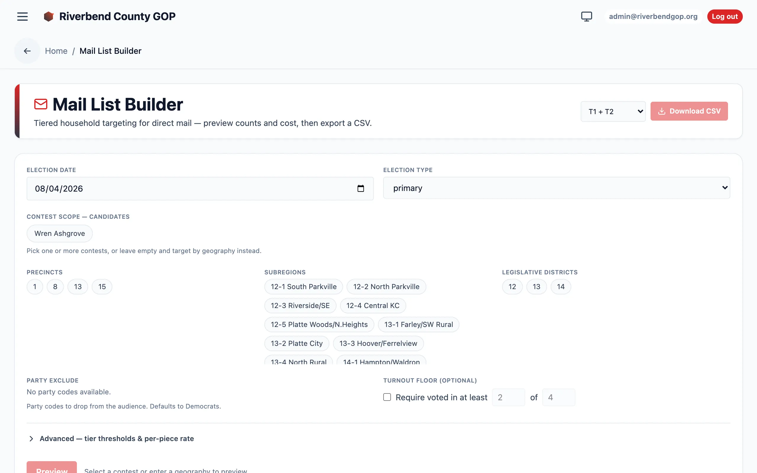 The Mail List Builder: election date and type, contest scope, precinct and subregion pickers, party exclusions, a turnout floor, a tier selector, and a Download CSV button.