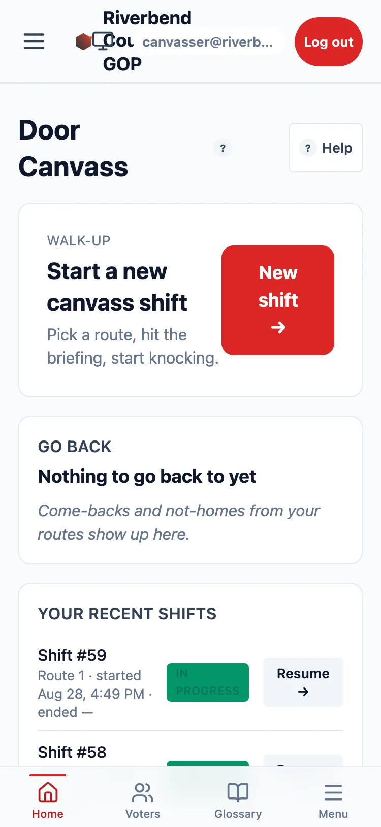 The Door Canvass screen on a phone: a Start-a-shift card above a scrollable list of recent shifts with Resume controls.