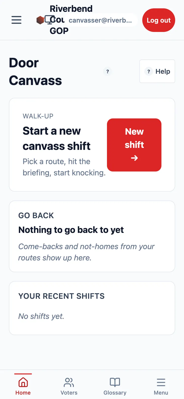 The Door Canvass screen on a phone: a Start-a-shift card above a scrollable list of recent shifts with Resume controls.