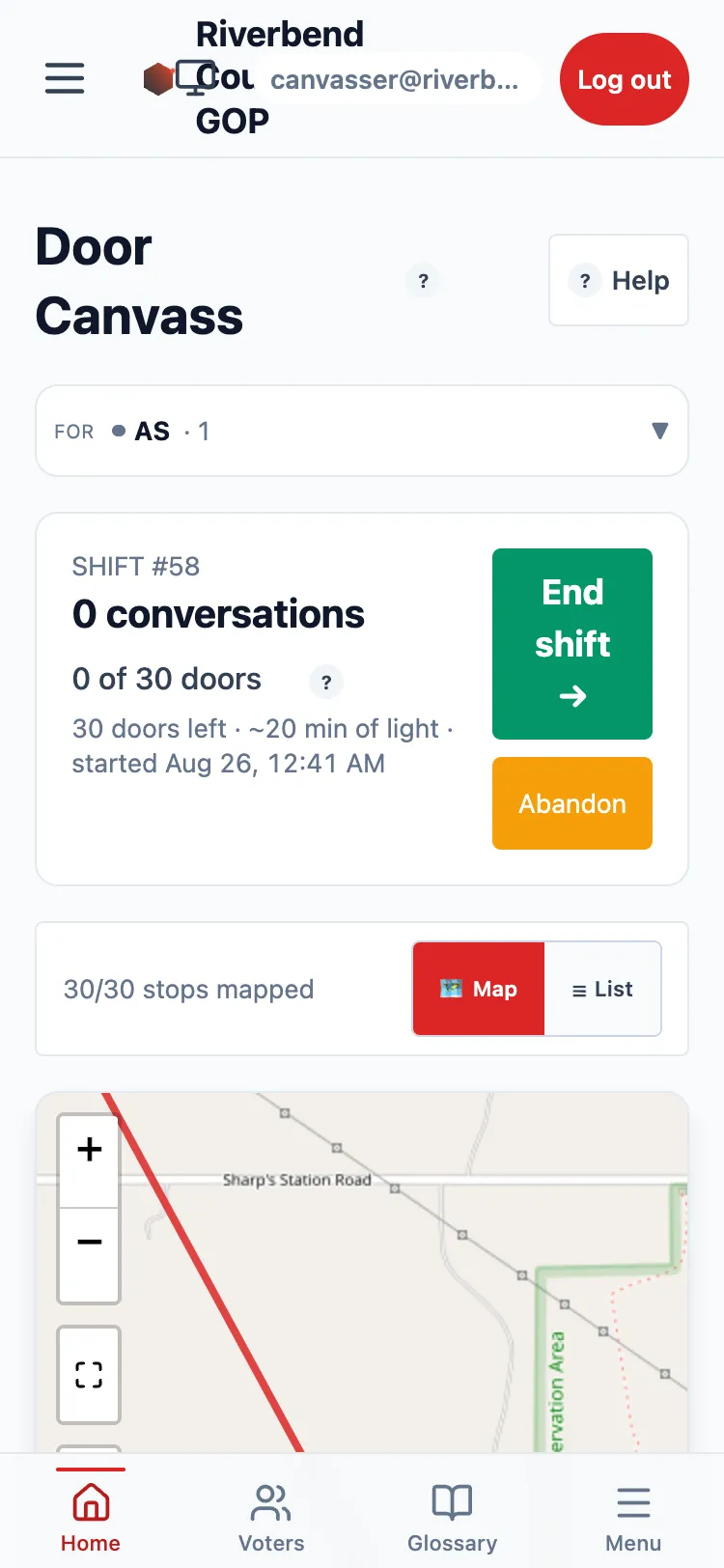 A canvasser's phone mid-shift: doors knocked so far, End shift button, and the stops map