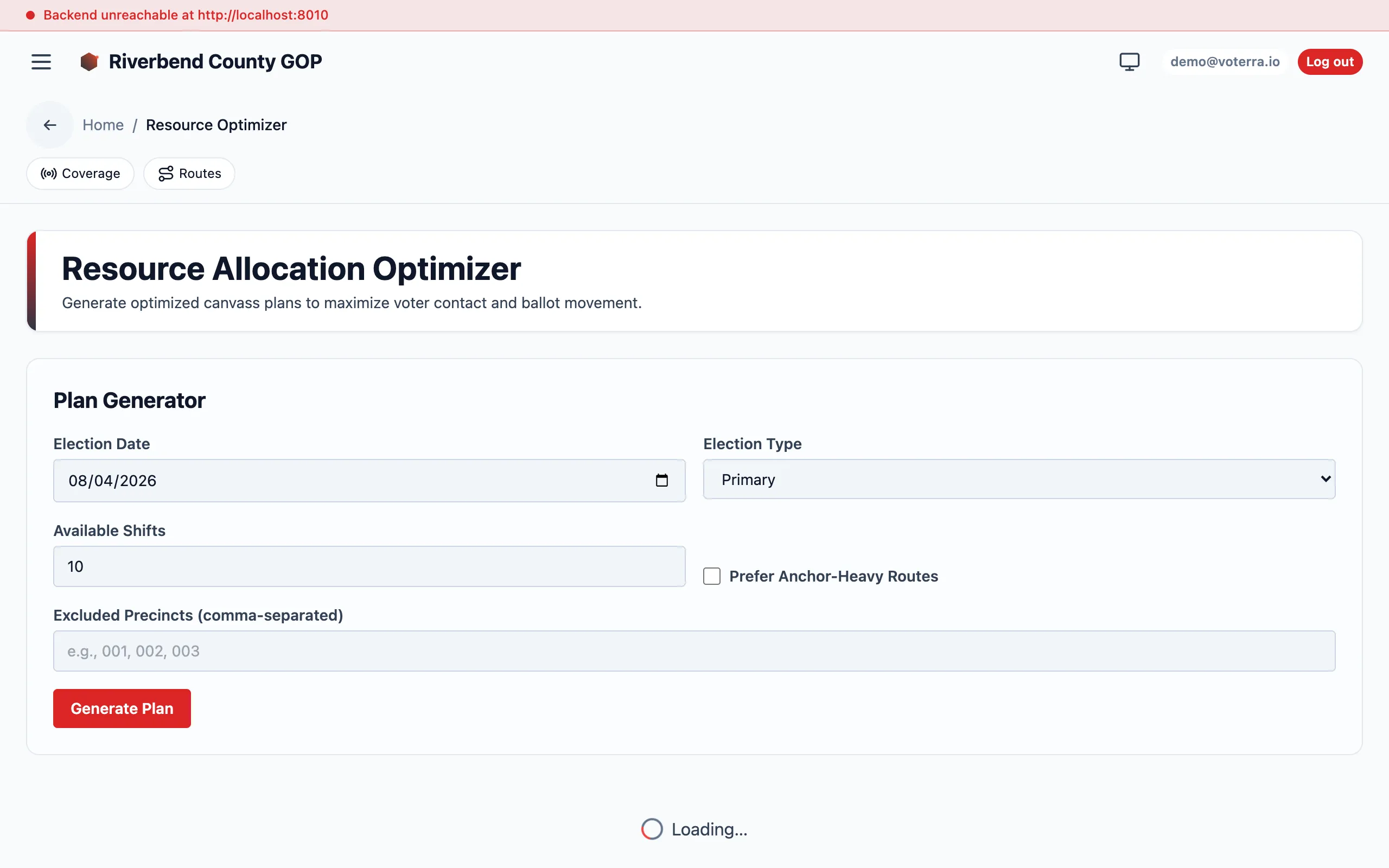The Resource Allocation Optimizer: a plan generator form (election date, available shifts, excluded precincts) above a per-precinct coverage table.