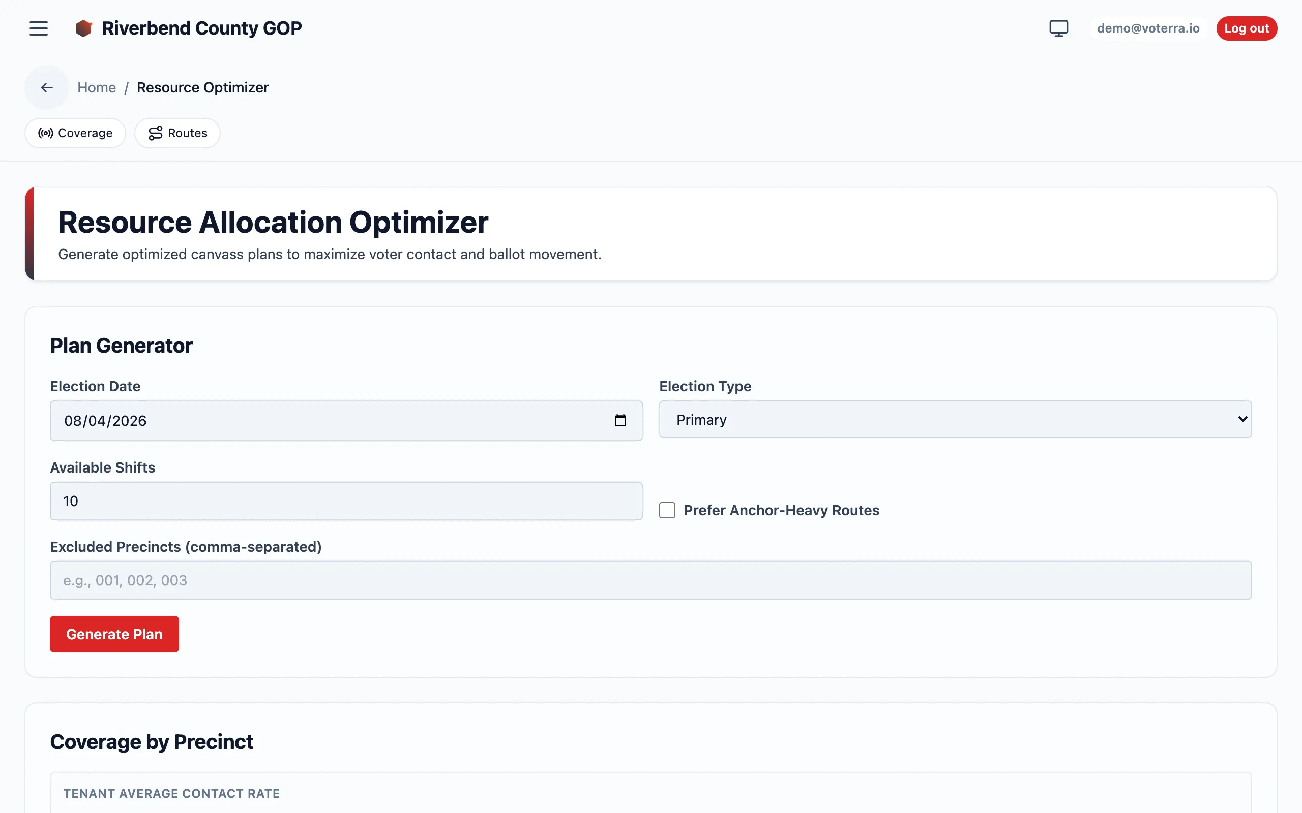 The Resource Allocation Optimizer: a plan generator form (election date, available shifts, excluded precincts) above a per-precinct coverage table.