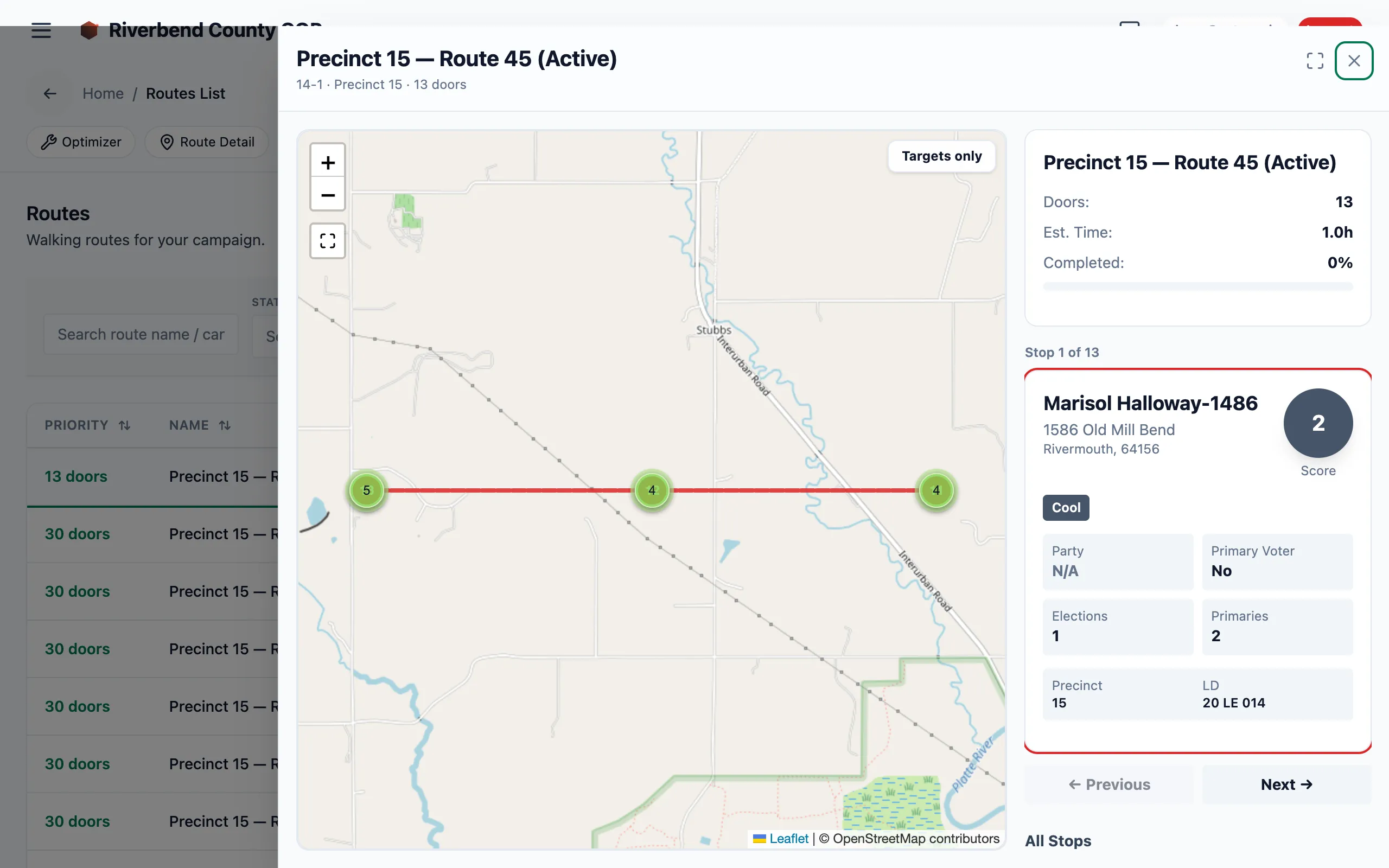 The route detail view: a street map of the route on the left, and a stop-by-stop itinerary with per-voter cards on the right.