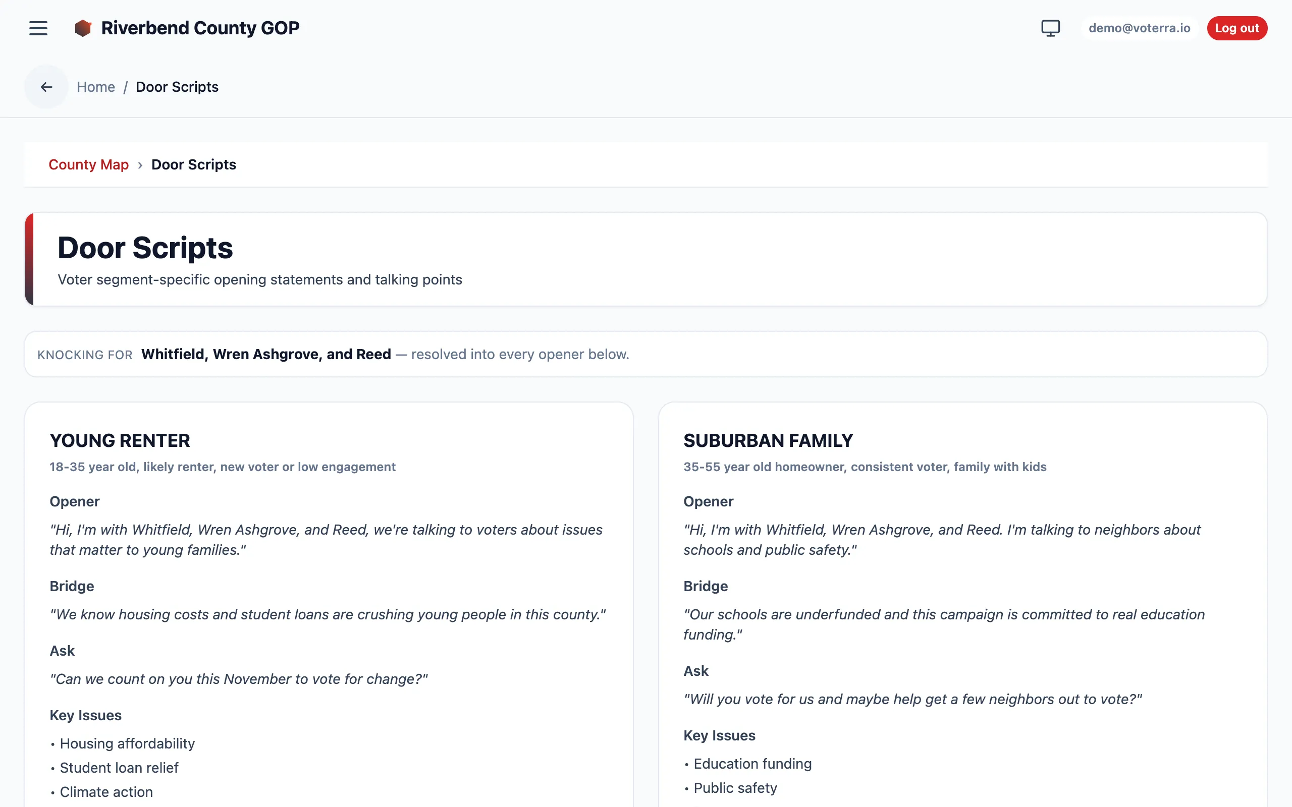 Door Scripts view with voter-segment cards, each showing Opener, Bridge, Ask, and Key Issues sections