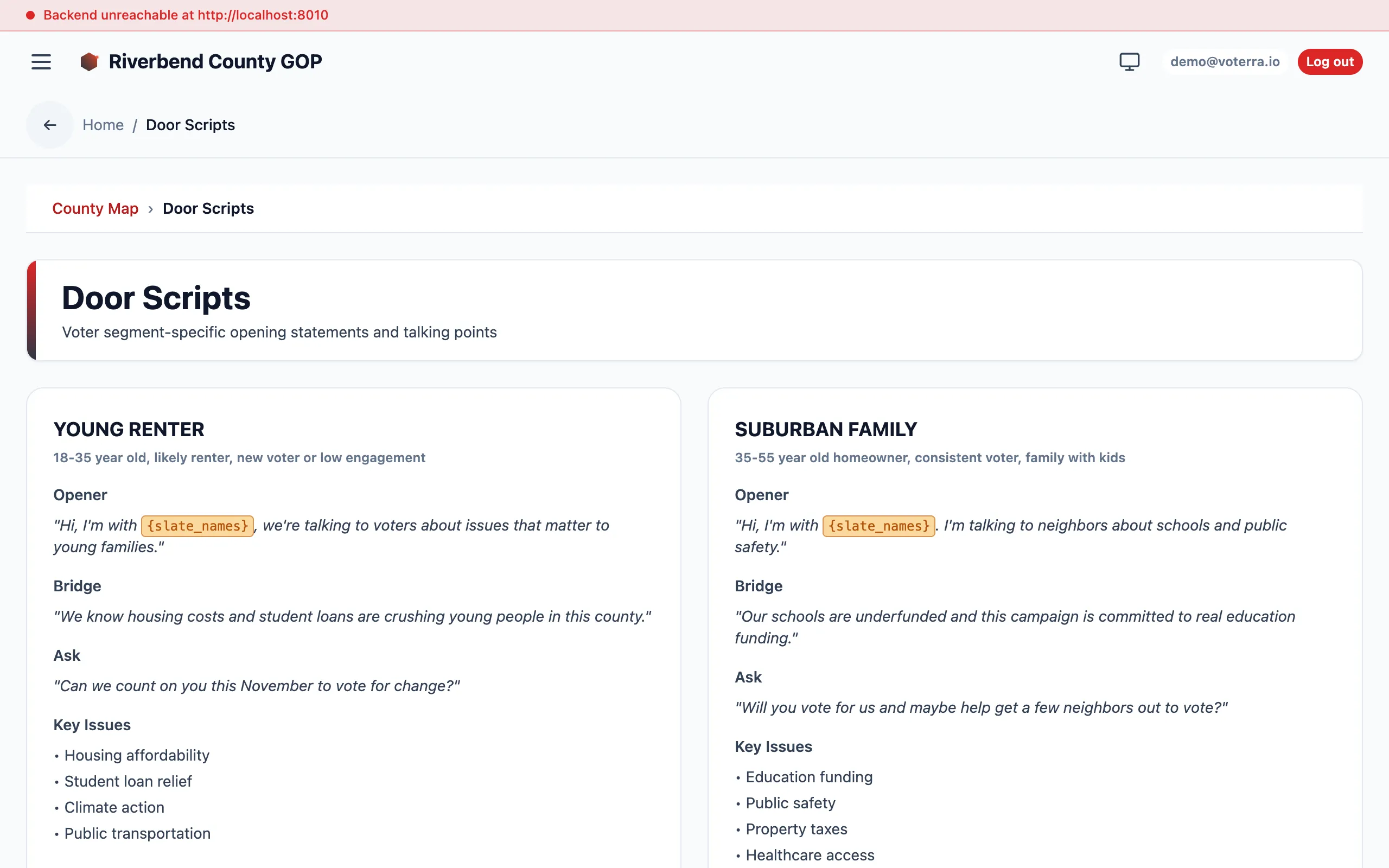 Door Scripts view with voter-segment cards, each showing Opener, Bridge, Ask, and Key Issues sections