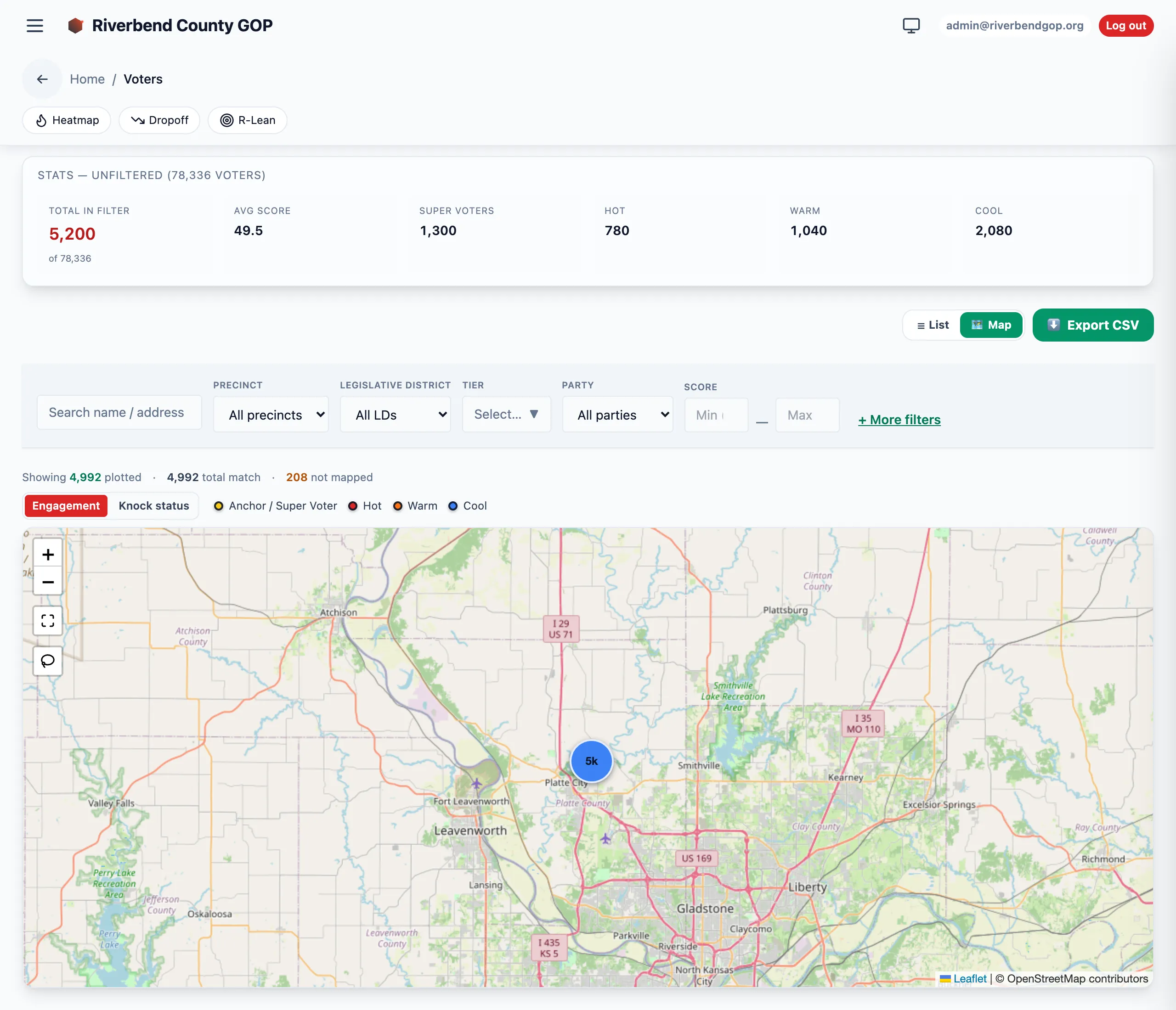 Voters → Map: the stats card, the filter bar, a footer reading 'Showing 4,992 plotted, 4,992 total match, 208 not mapped', the tier legend, and the map with the lasso control on its left edge