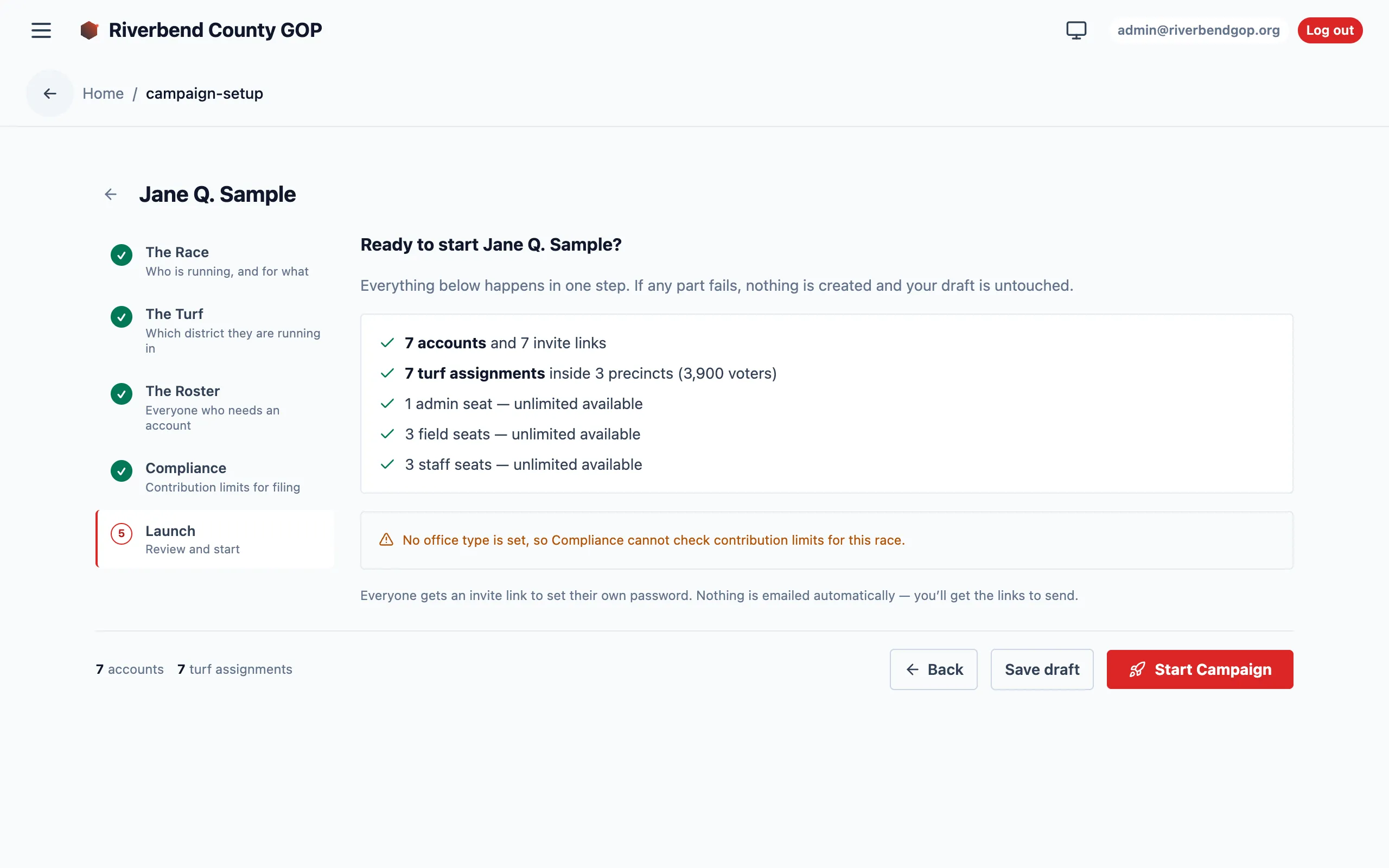 Step 5, Launch: a summary reading 7 accounts and 7 invite links, 7 turf assignments inside 3 precincts (3,900 voters), a seat breakdown, one warning about a missing office type, and Start Campaign enabled